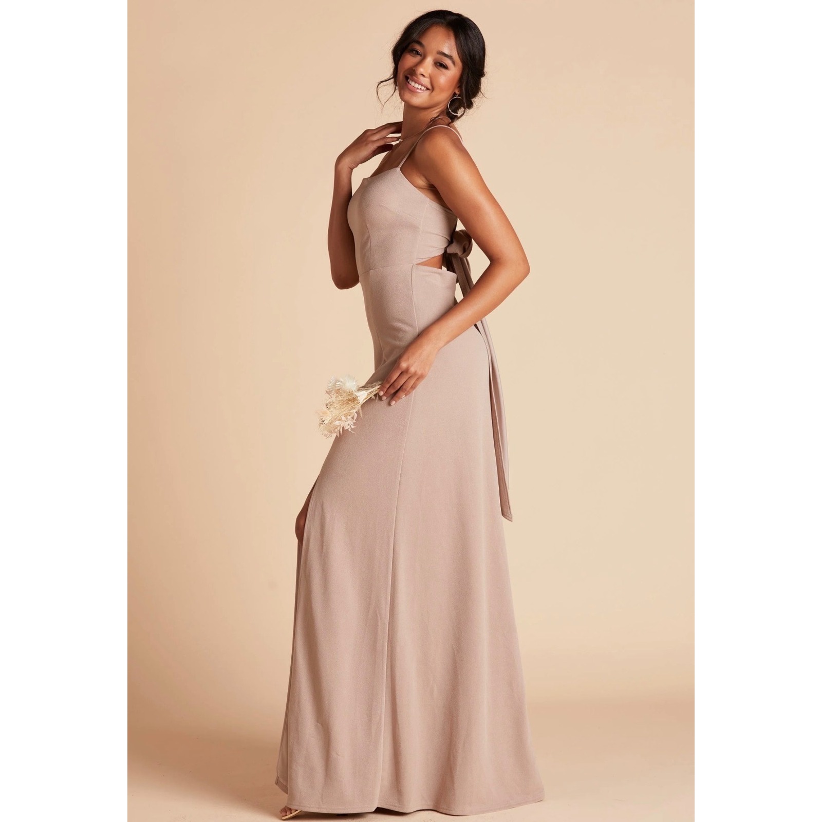 New Birdy Grey Benny Maxi Dress Womens Xs Taupe Bow Back Crepe Bridesmaid Formal